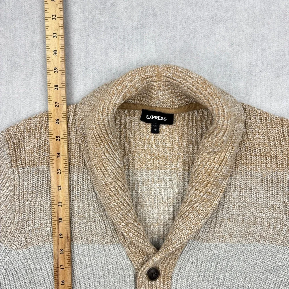 Express Cardigan Sweater Mens Large Ombre Tan Grey Heavy Cotton Knit Shawl L